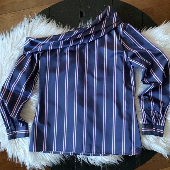 BANANA Republic Long-sleeve One Shoulder Striped Blouse - Purple/Navy Combo - Picture 13 of 13